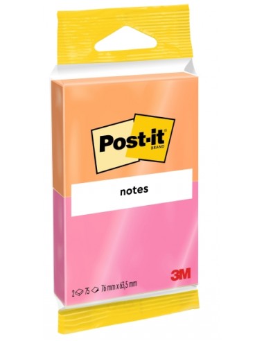 Post-It Pack de 2 Blocs de 75 Notas Adhesivas Reposicionables - Forma Rectangular - 76x63.5mm - Colores Surtidos