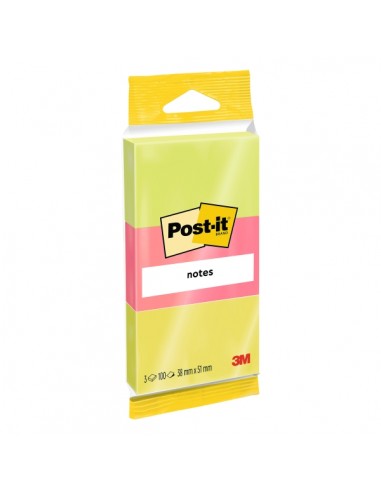 Post-It Pack de 3 Blocs de 100 Notas Adhesivas Reposicionables - Forma Rectangular - 38x51mm - Colores Surtidos