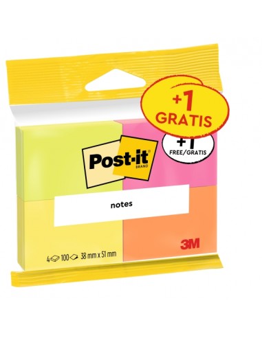 Post-It Pack de 4 Blocs de 100 Notas Adhesivas Reposicionables - Colores Neon - 38x51mm - Promocion 3 Blocs-1 Gratis -