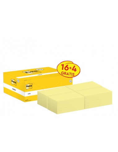 Post-It Pack de 20 Blocs de 100 Notas Adhesivas Reposicionables - Forma Rectangular - 76x127mm - Color Amarillo Claro
