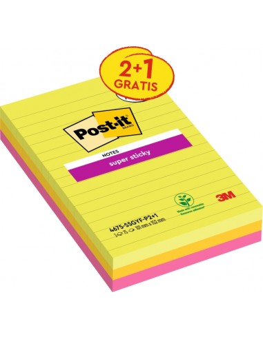 Post-It Super Sticky Pack de 3 Blocs de 75 Notas Adhesivas Reposicionables - Forma Rectangular - 101x152mm - Colores Surtidos