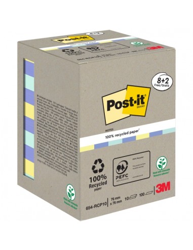 Post-It Pack de 10 Blocs de 100 Notas Adhesivas Recicladas - Forma Cuadrada - 76x76mm - Colores Surtidos