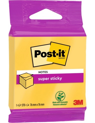 Post-It Super Sticky Cubo de 270 Notas Adhesivas Reposicionables - Forma Cuadrada - 76x76mm - Color Amarillo
