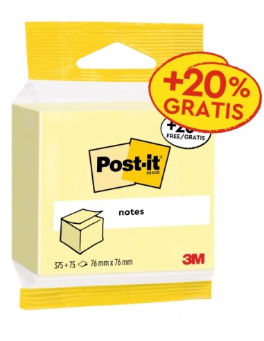 Post-It Bloc de 450 Notas Adhesivas Reposicionables - 76x76mm - 100-PEFC - Color Amarillo Claro