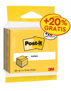 Post-It Cubo de 390 Notas Adhesivas Reposicionables - Forma Cuadrada - 76x76mm - Colores Surtidos