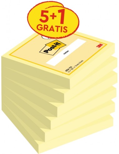 Post-It Pack de 6 Blocs de 100 Notas Adhesivas Reposicionables - 76x76mm - Promocion 5 Blocs-1 Gratis - Color Amarillo Claro