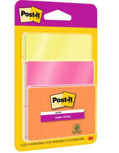 Post-It Super Sticky Pack de 3 Blocs de 45 Notas Adhesivas Reposicionables - Forma Cuadrada - Colores Surtidos
