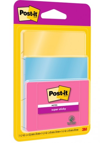 Post-It Super Sticky Pack de 3 Blocs de 45 Notas Adhesivas Reposicionables - Forma - Colores Surtidos