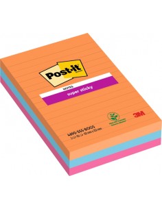 Post-It Super Sticky Pack de 3 Blocs de 90 Notas Adhesivas Reposicionables - Forma Rectangular - 101x101mm - Colores Surtidos
