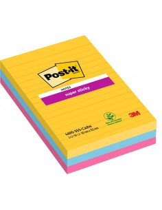 Post-It Super Sticky Pack de 3 Blocs de 90 Notas Adhesivas Reposicionables - Forma Rectangular - 101x152mm - Colores Surtidos