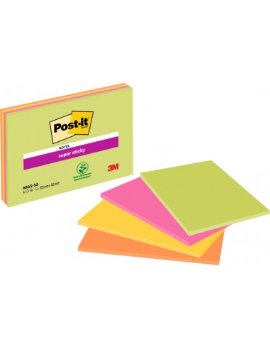Post-It Super Sticky Pack de 4 Blocs de 45 Notas Adhesivas Reposicionables - Forma Rectangular - 152x203mm - Colores Surtidos