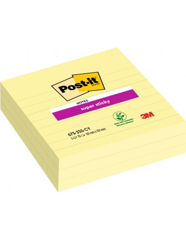 Post-It Super Sticky Pack de 3 Blocs de 70 Notas Grandes Adhesivas Reposicionables - 101x101mm - Color Amarillo Claro