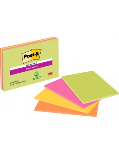 Post-It Super Sticky Pack de 4 Blocs de 45 Notas Adhesivas Reposicionables - Forma Rectangular - 101x152mm - Colores Surtidos