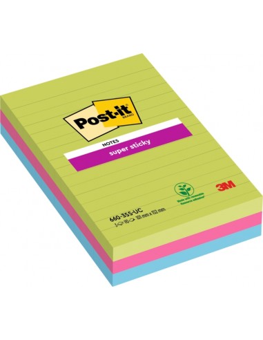 Post-It Super Sticky Pack de 3 Blocs de 90 Notas Grandes Adhesivas Reposicionables - con Lineas - 100-PEFC - Colores Surtidos