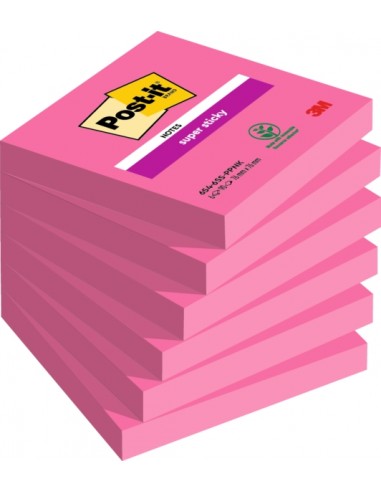 Post-It Super Sticky Pack de 6 Blocs de 90 Notas Adhesivas Reposicionables - Forma Cuadrada - 76x76mm - Color Rosa