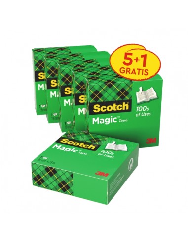 Scotch Magic Pack de 6 Cintas Adhesivas Invisible - 19mm x 33m - Promocion 5-1 Gratis - Color Transparente