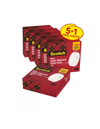 Scotch Super-Hold Pack de 6Â Cintas Adhesivas - Extrafuerte - 19mm x 25.4m - Promocion 5-1 Gratis - Color Transparente