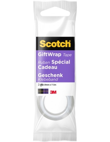 Scotch Giftwrap Pack de 2 Cintas Adhesivas Satinada - 19mm x 7.5m - Especial para Envolver Regalos - Color Transparente