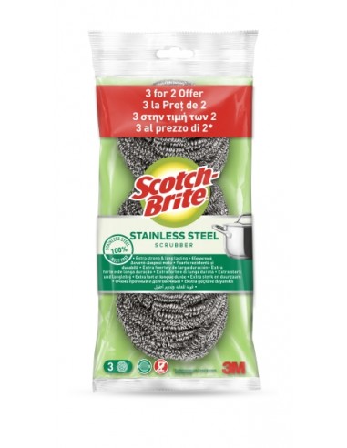 Scotch-Brite Pack de 3 Estropajos de Acero Inoxidable - Promocion 2-1 Gratis - Color Gris Metalizado