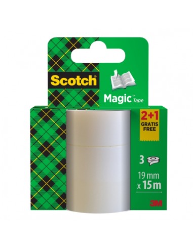 Scotch Magic Pack de 3 Cintas Adhesivas Invisible - 19mm x 15m - Promocion 2 Unidades-1 Gratis - Color Transparente