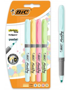 Bic Highlighter Grip Pack de 4 Marcadores Fluorescentes Pastel - Tinta con Base de Agua - Punta Biselada - Trazo entre 1.60 y