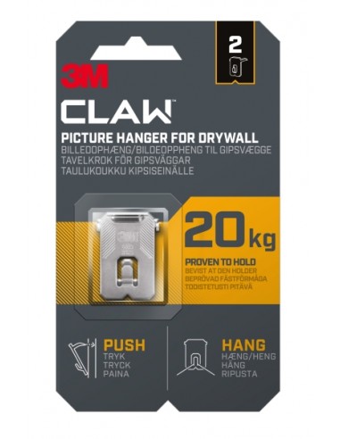 3M Claw Pack de 2 Ganchos de Metal para Paredes de Yeso - Soporta hasta 20 kg - Color Gris Titanio