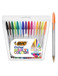 Bic Cristal Multicolour Pack de 15 Boligrafos de Bola - Punta 1.6mm - Trazo 0.42mm - Tinta con Base de Aceite - Colores