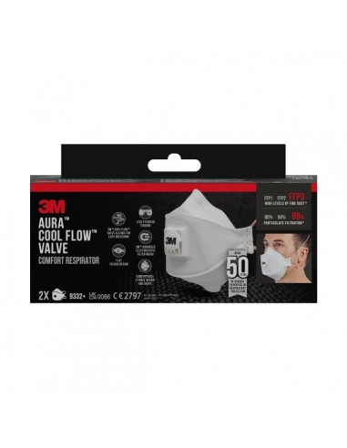 3M Aura Comfort Cool Flow Pack de 2 Mascarillas para Particulas FFP3 - Desechable - con Valvula - para Altos Niveles de
