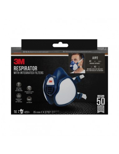 3M Mascarilla de Media Cara - Filtros Integrados - Proteccion Contra Vapores Organicos - Reutilizable - Color Azul Blanco