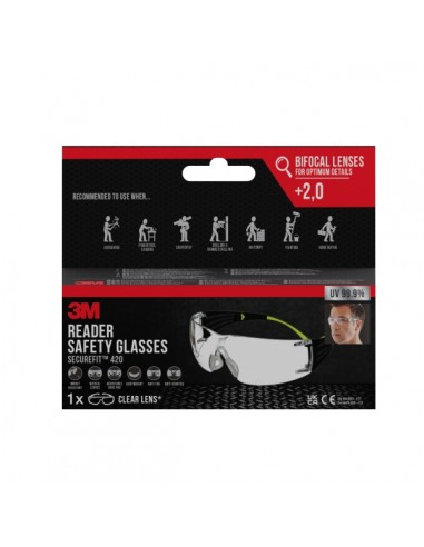 3M Securefit Gafas de Seguridad Graduadas - Bifocales --2.0 Dioptrias - Antivaho - Antirrayaduras - Lente Incolora -