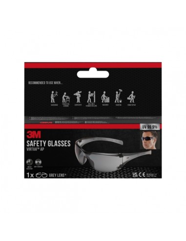 3M Virtua AP Gafas de Seguridad - Lentes Oscurecidas - Antirrayaduras - Antivaho - Proteccion UV - Color Gris