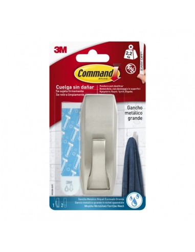 Command Gancho Metalico Grande para Aseo - Estilo Moderno - 2 Tiras Adhesivas - Soporta hasta 2.2kg - Resistente al Agua -