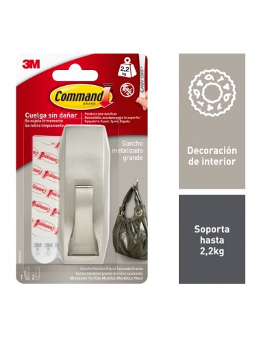Command Gancho Metalico Grande - 2 Tiras Adhesivas - Soporta hasta 2.2kg - Estilo Moderno - Color Niquel Pulido