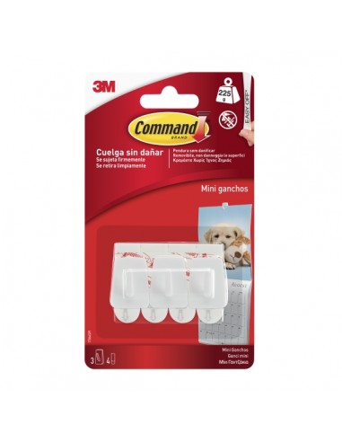 Command Mini Pack de 3 Ganchos - 4 Tiras Adhesivas - Soportan hasta 225G - Color Blanco