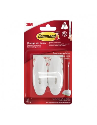 Command Pack de 2 Ganchos Medianos - Punta de Alambre - 4 Tiras Adhesivas - Soporta hasta 1.3kg - Color Blanco