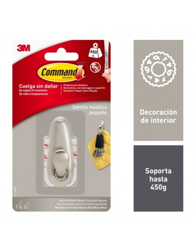 Command Forever Gancho Metalico Compacto - Talla S - 2 Tiras Adhesivas - Soporta hasta 0.45kg - Color Niquel Pulido