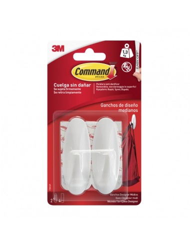 Command Pack de 2 Ganchos Medianos - 4 Tiras Adhesivas - Soporta hasta 1.3kg - Color Blanco