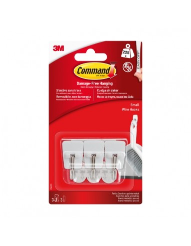 Command Pack de 3 Ganchos Compactos - Punta de Alambre - 3 Tiras Adhesivas - Soporta hasta 225G - Talla S - Color Blanco