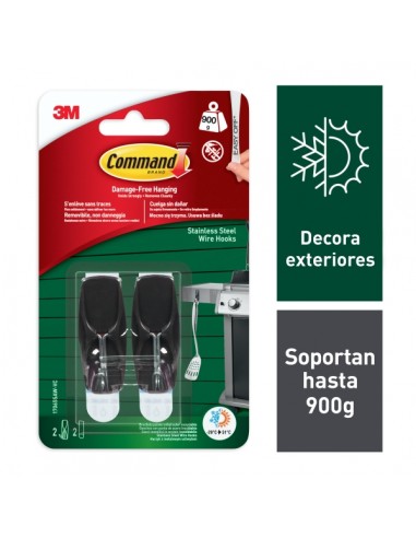 Command Pack de 2 Ganchos para Exterior - 2 Tiras Adhesivas - Soporta hasta 0.9kg - Punta Metalizada - Color Negro