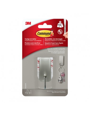 Command Gancho Compacto - Talla S - 2 Tiras Adhesivas - Soporta hasta 450G - Color Niquel Pulido