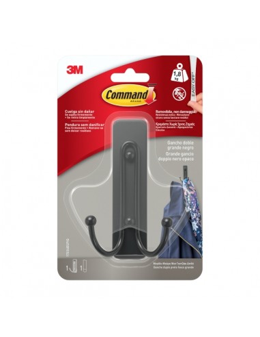 Command Gancho Doble Grande - 1 Tira Adhesiva - Soporta hasta 1.8kg - Color Negro