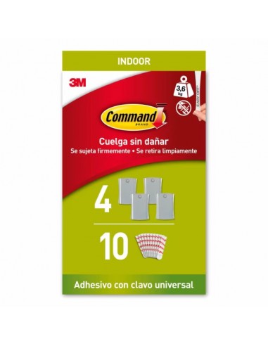 Command Universal Soporte Adhesivo con Clavo para Colgar - 4 Ganchos - 10 Tiras - Grande - Soporta hasta 3.6kg - Color Gris