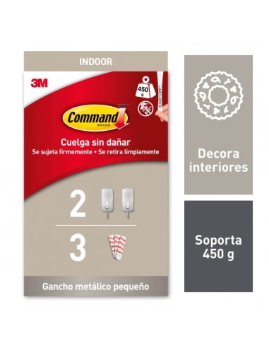 Command Pack de 2 Ganchos Compactos - Talla S - 3 Tiras Adhesivas - Soporta hasta 450G - Color Niquel