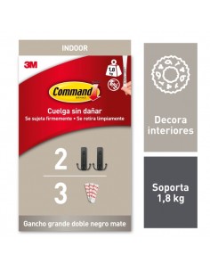 Command Pack de 2 Ganchos Dobles Grandes - 3 Tiras Adhesivas - Soporta hasta 1.8kg - Color Negro