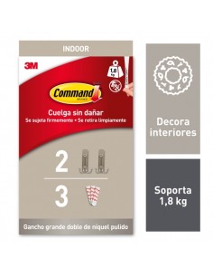 Command Pack de 2 Ganchos Dobles Grandes - 3 Tiras Adhesivas - Soporta hasta 1.8kg - Color Niquel