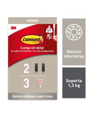 Command Pack de 2 Ganchos Medianos - 3 Tiras Adhesivas - Soporta hasta 1.3kg - Color Negro Mate