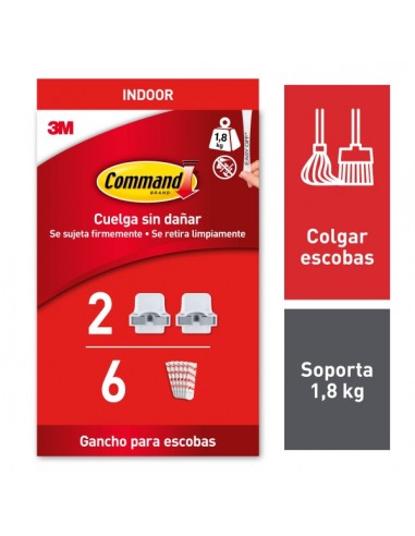 Command Soporte de Pared para Escoba - 6 Pack de 2 Tiras Adhesivas - Soporta hasta 1.8kg - Color Blanco