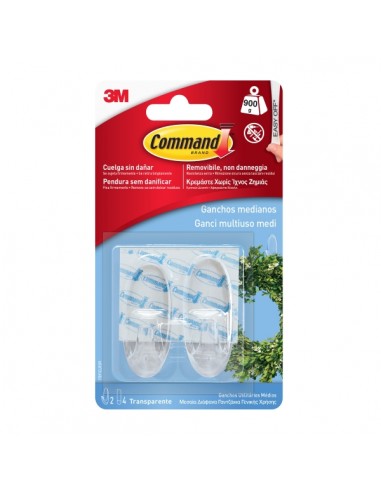 Command Pack de 2 Ganchos Medianos - 4 Tiras Adhesivas - Soporta hasta 0.9kg - Color Transparente