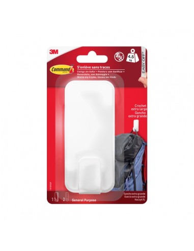 Command Gancho para Objetos Pesados - 2 Tiras Adhesivas - Extragrande - Soporta hasta 4.5kg - Color Blanco