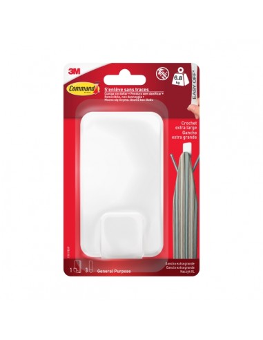 Command Gancho para Objetos Pesados - 3 Tiras Adhesivas - Extragrande - Soporta hasta 6.8kg - Color Blanco